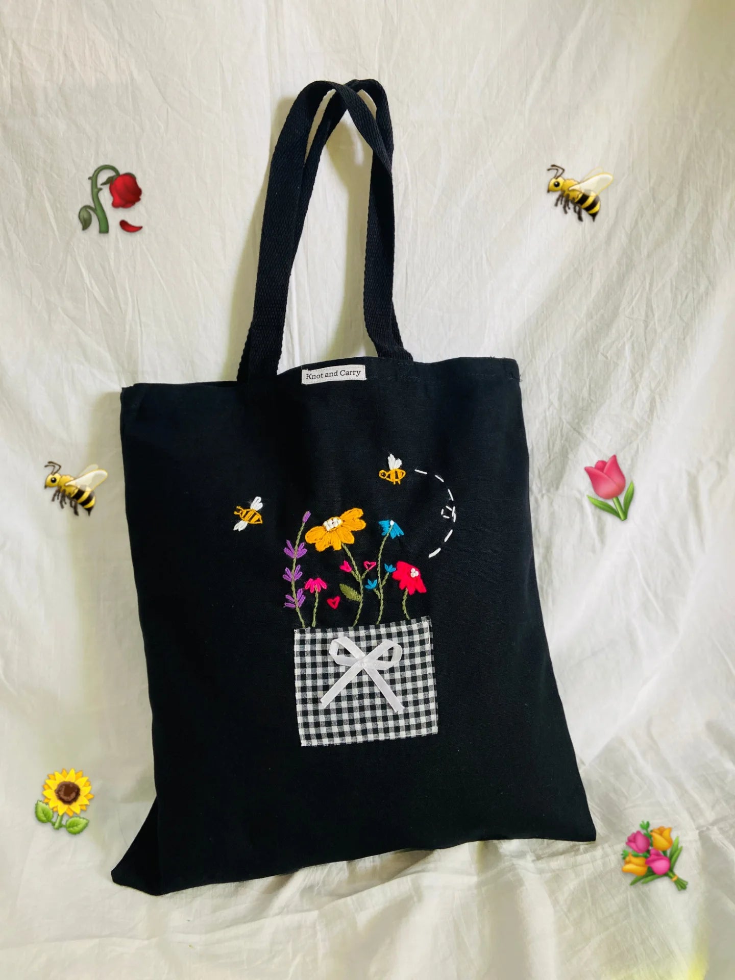 Black Embroided Canvas Tote Bags