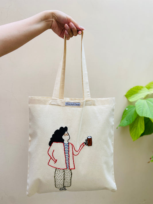 Embroided Girl Cotton Tote Bag