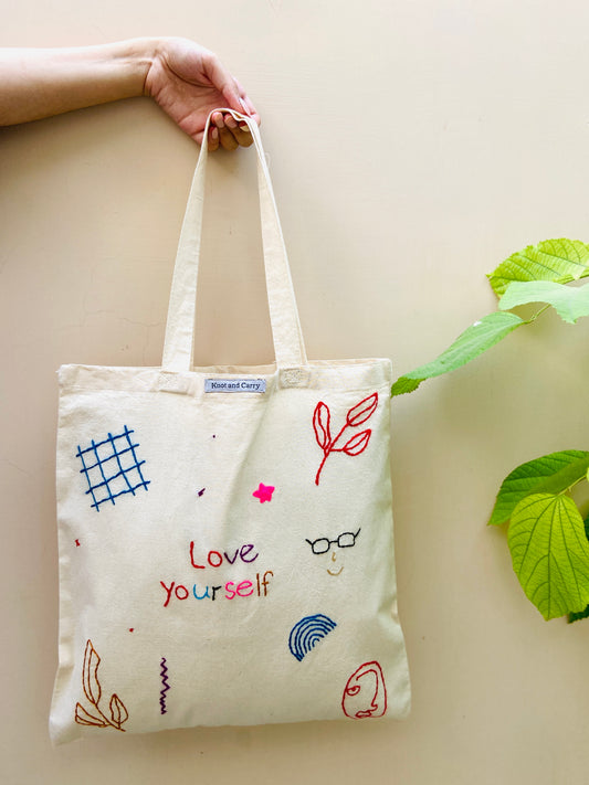 Embroided Love yourself Cotton Tote Bag