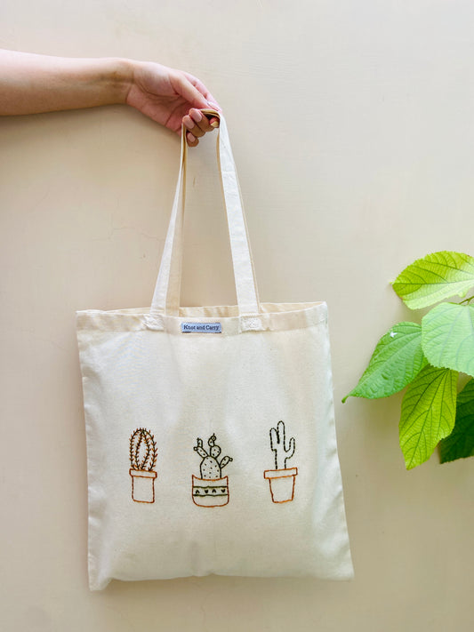 Embroided Cactus Cotton Tote Bag