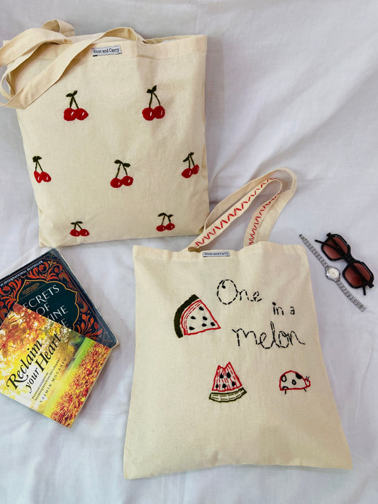 Embroided Cherry Cotton Tote Bag