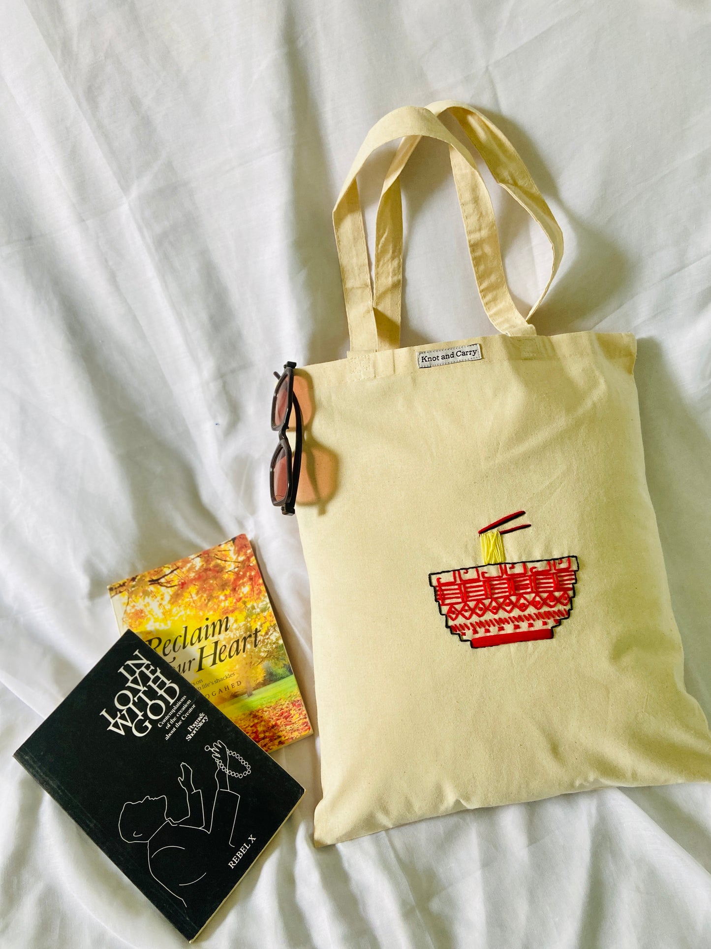 Embroided Noodles Bowl Cotton Tote Bag