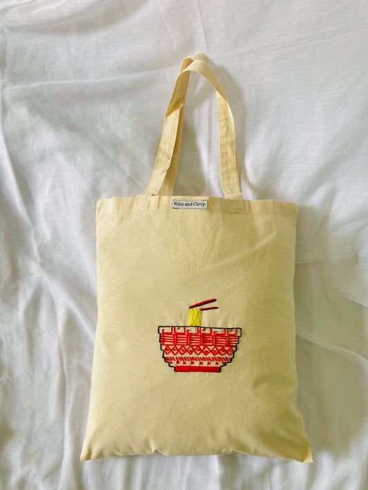 Embroided Noodles Bowl Cotton Tote Bag