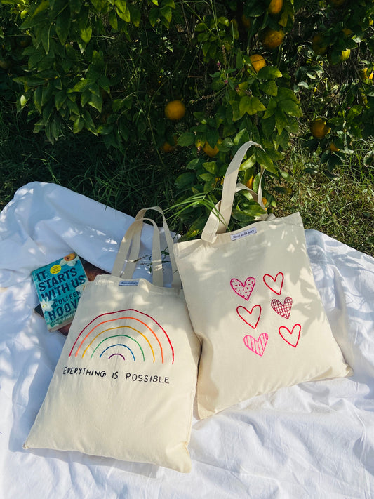 Embroided Heart Cotton Tote Bag