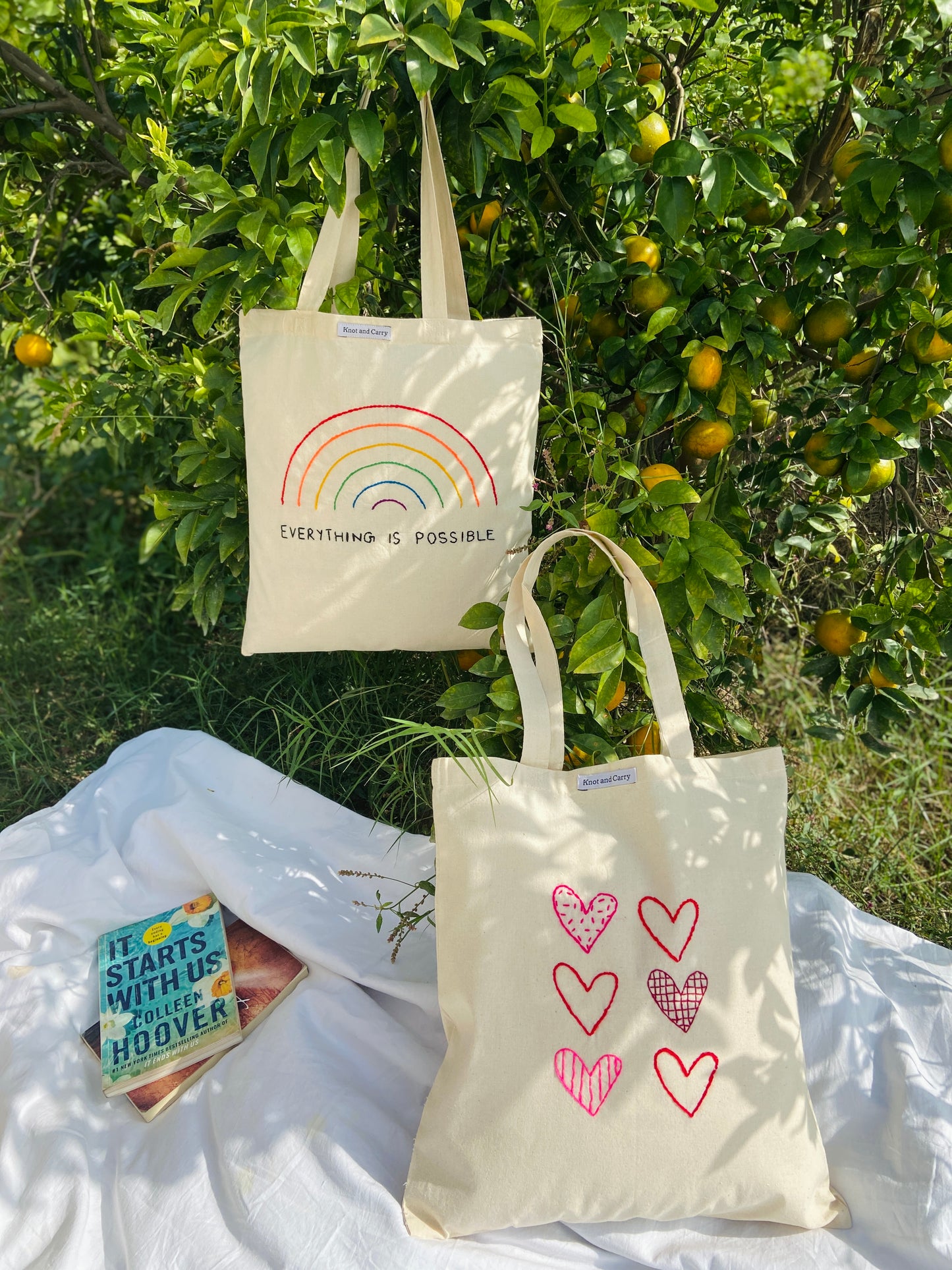 Embroided Heart Cotton Tote Bag