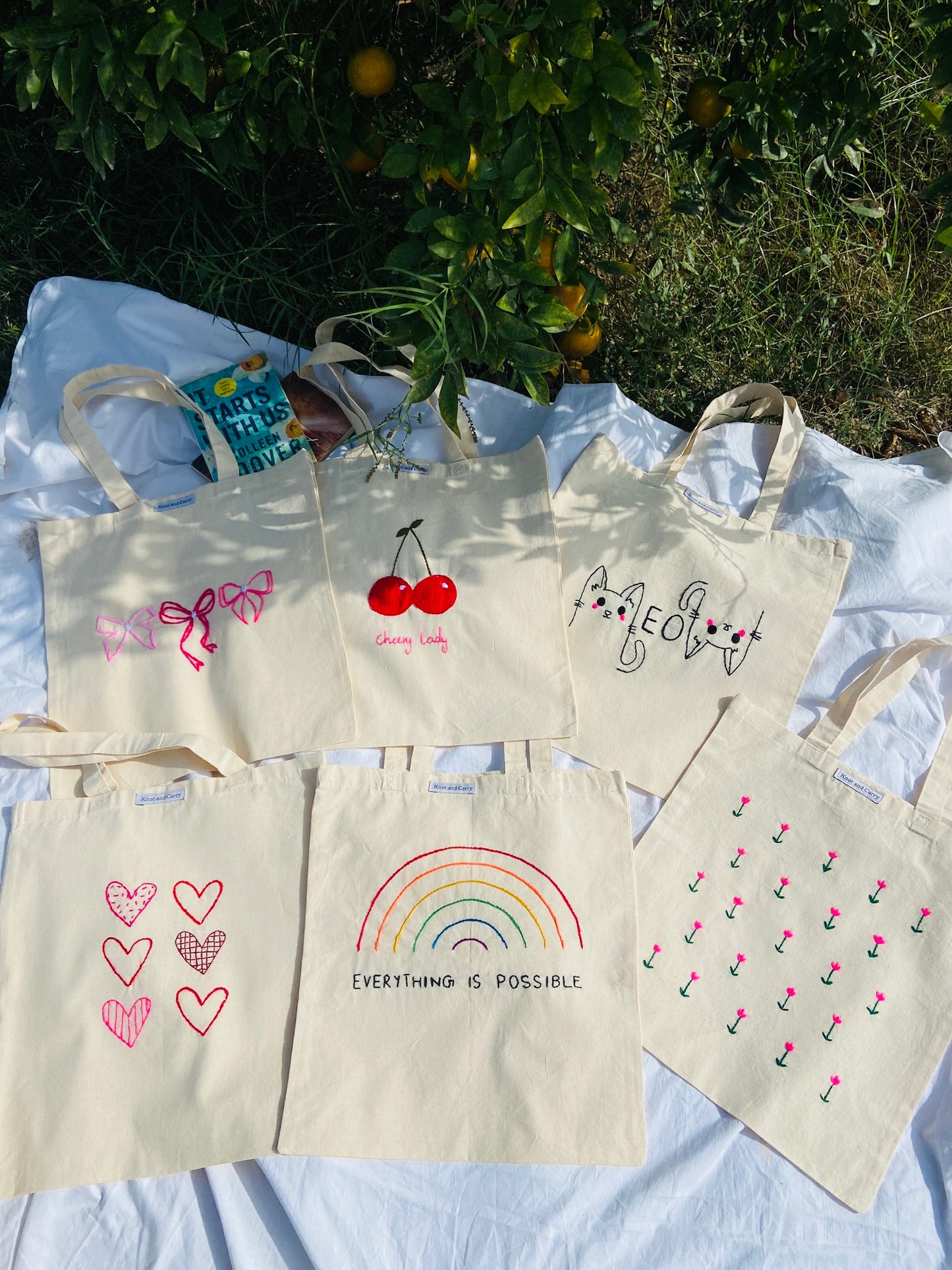 Embroided Cherry Lady Cotton Tote Bag