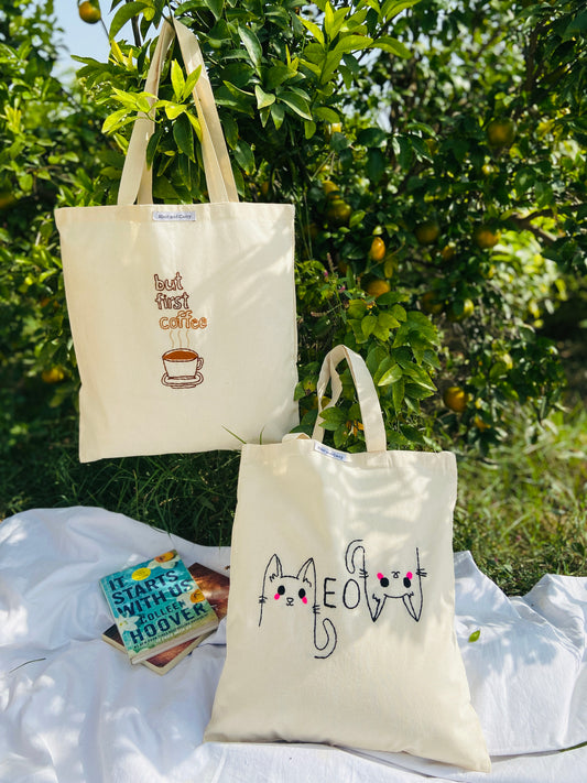 Embroided Coffee Cotton Tote Bag