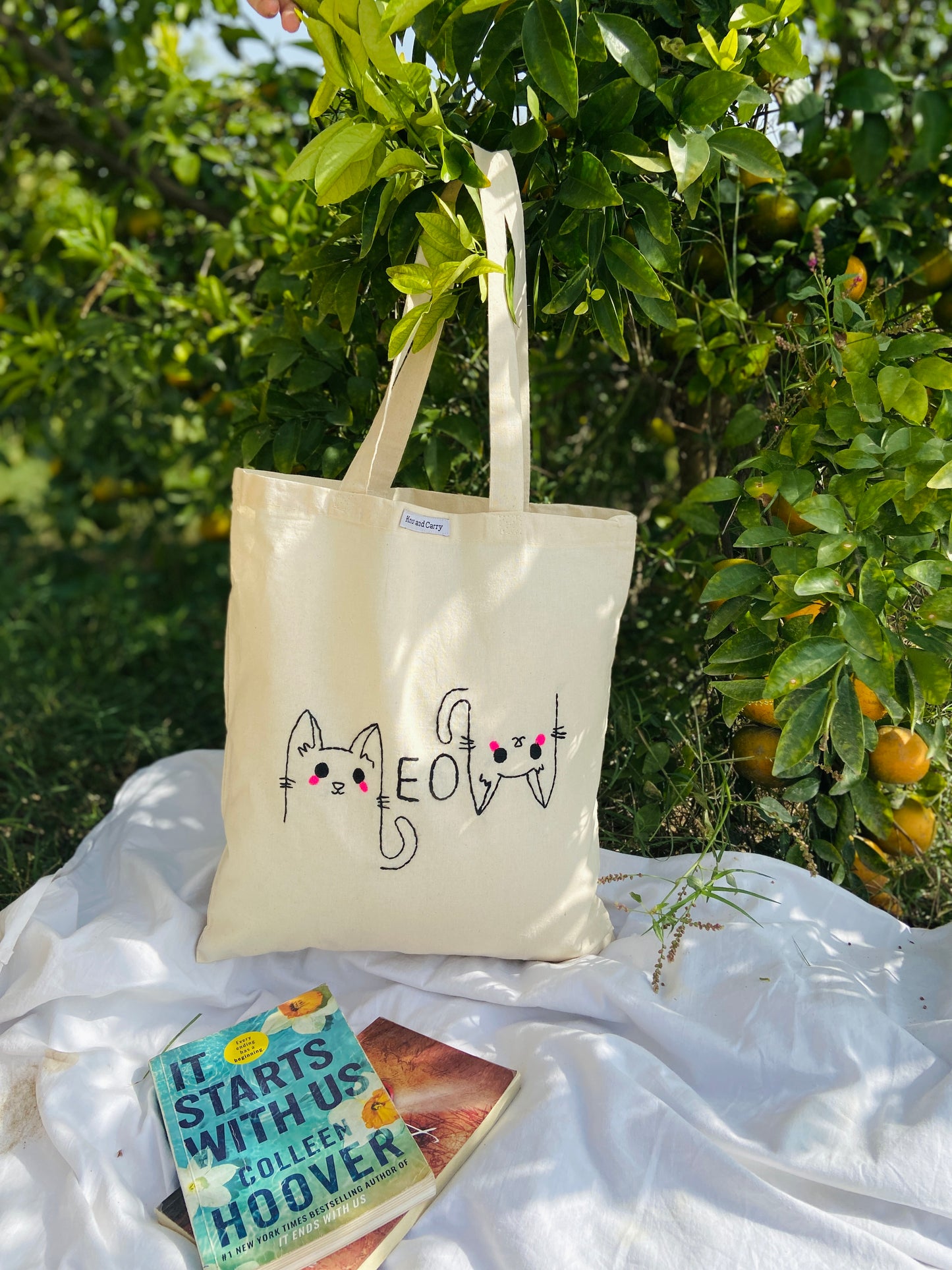 Embroided Meow Cotton Tote Bag