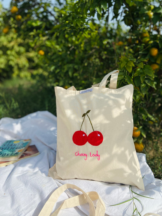 Embroided Cherry Lady Cotton Tote Bag