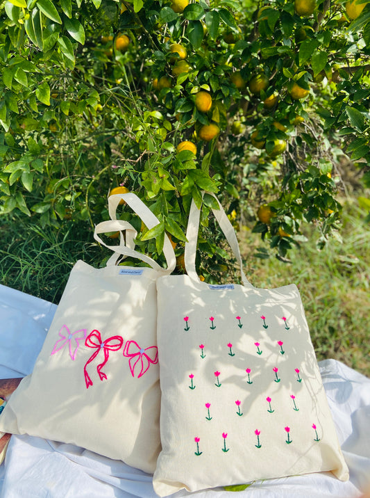 Embroided Pink Bow Cotton Tote Bag