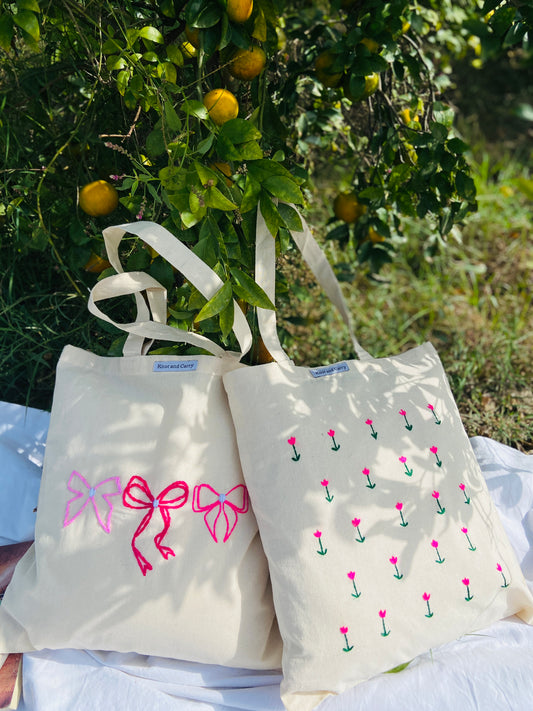 Embroided Tulip Cotton Tote Bag