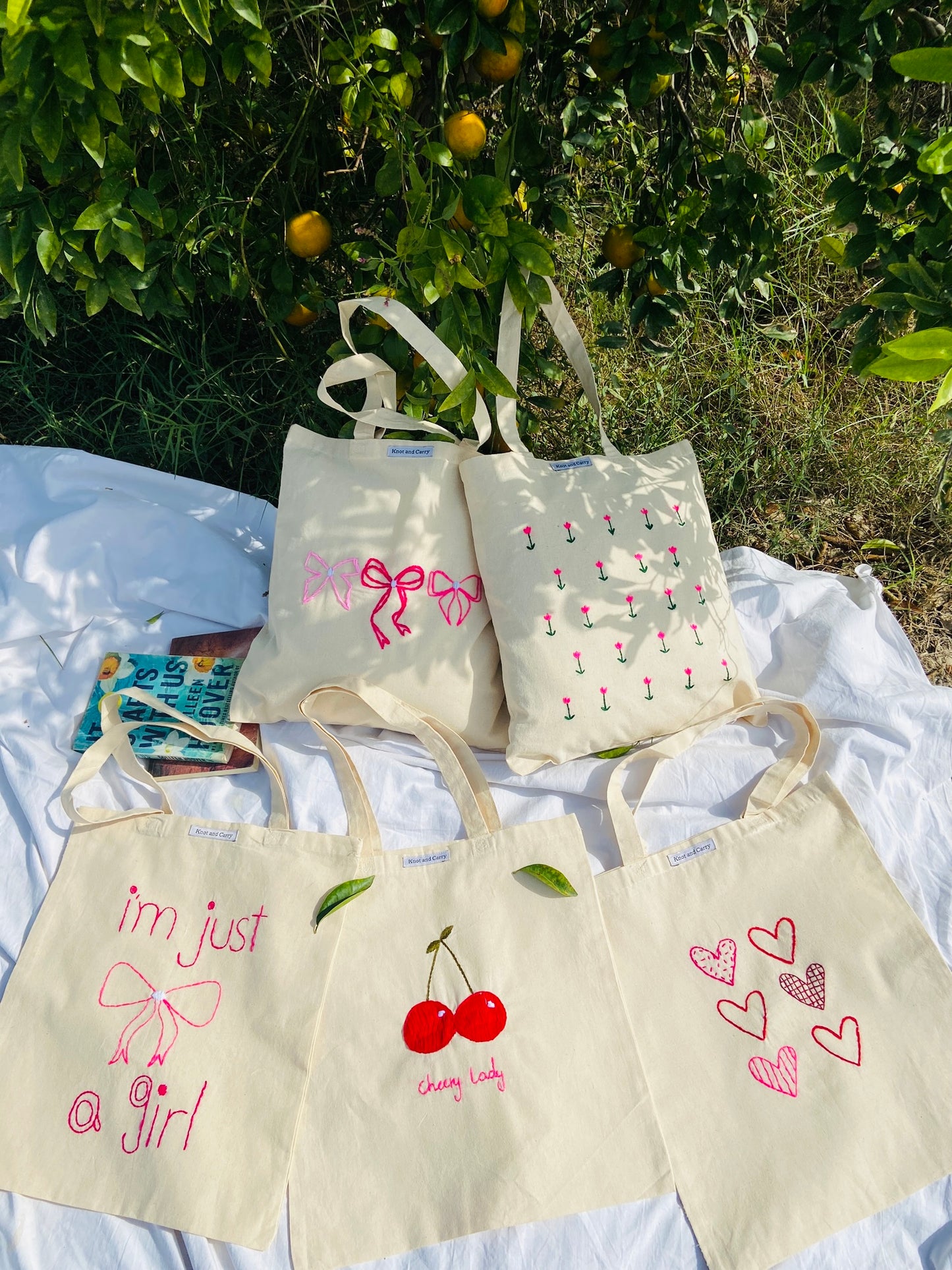Embroided Cherry Lady Cotton Tote Bag