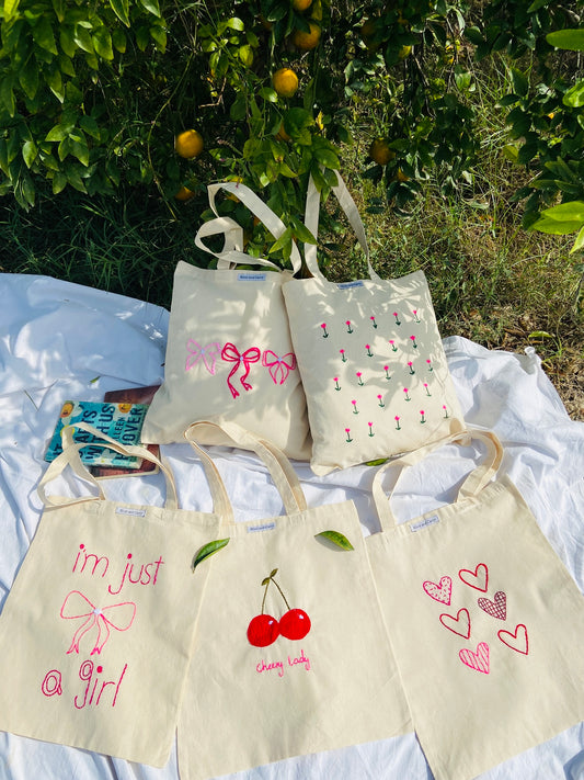 Embroided I'm just Girl Cotton Tote Bag