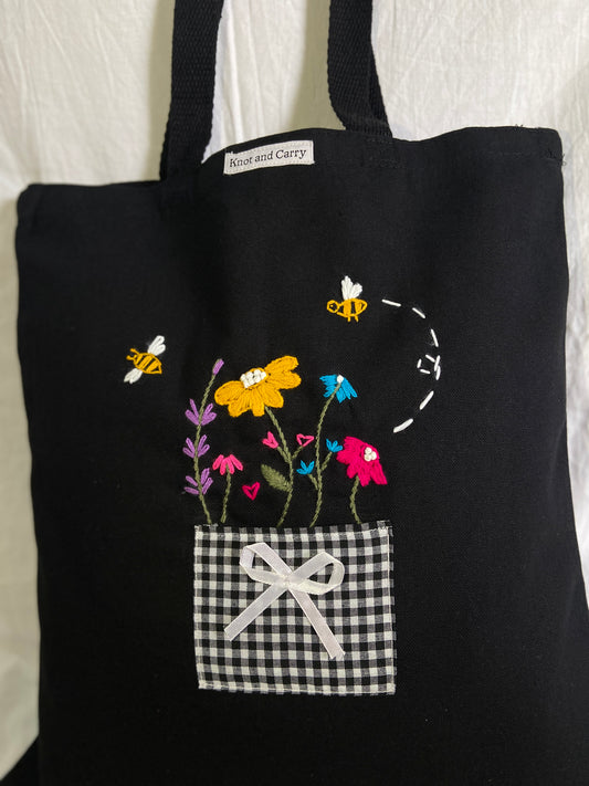 Black Embroided Canvas Tote Bags