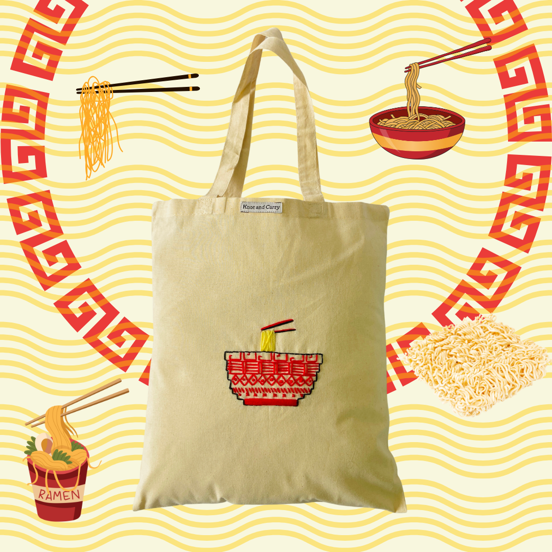 Embroided Noodles Bowl Cotton Tote Bag