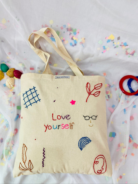 Embroided Love yourself Cotton Tote Bag