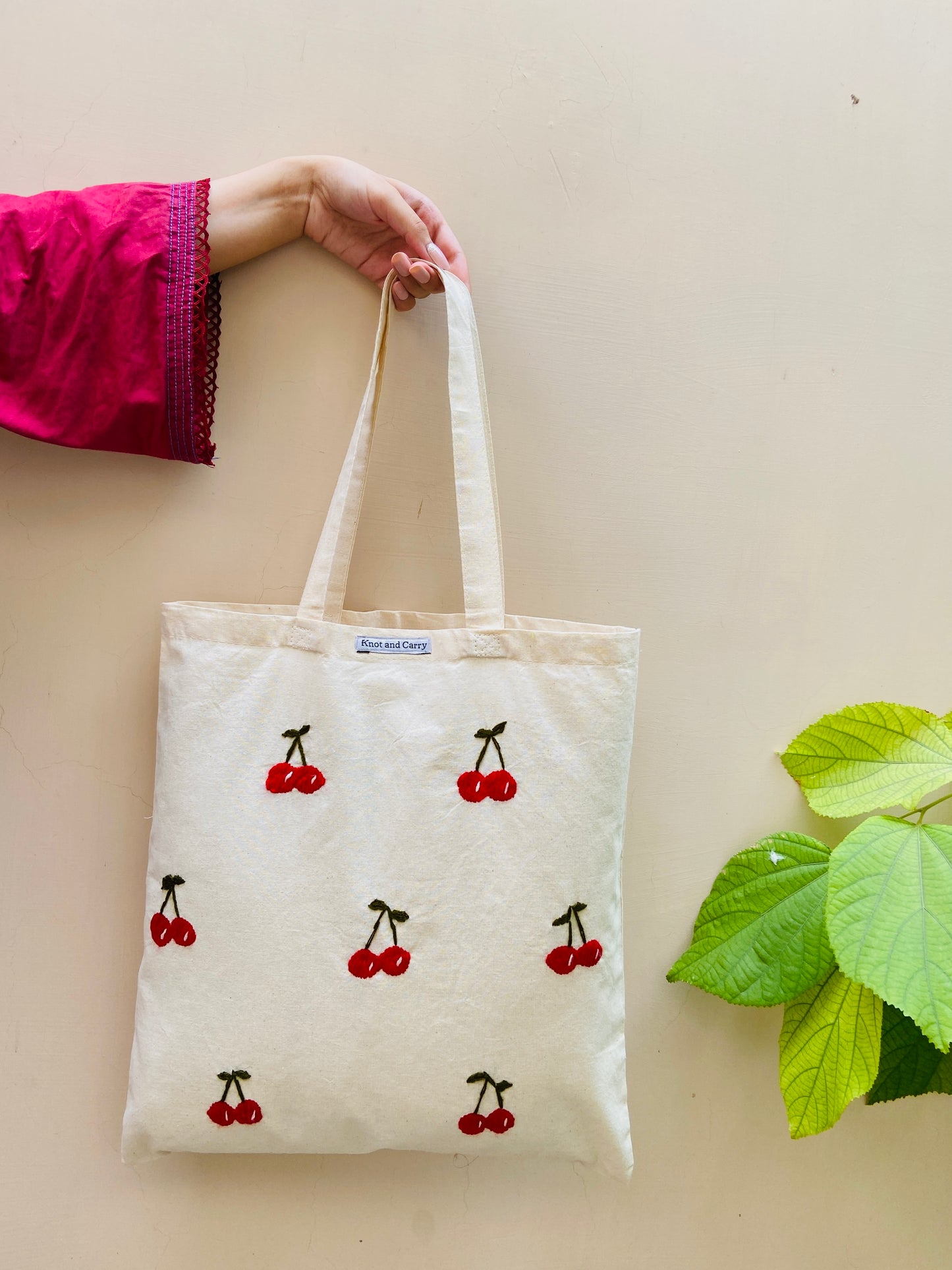 Embroidered Cherry Cotton Tote Bag