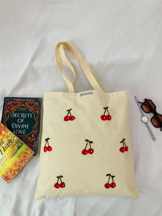 Embroidered Cherry Cotton Tote Bag