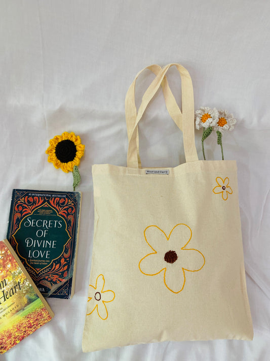 Hand Embroided Flower Cotton Tote Bag