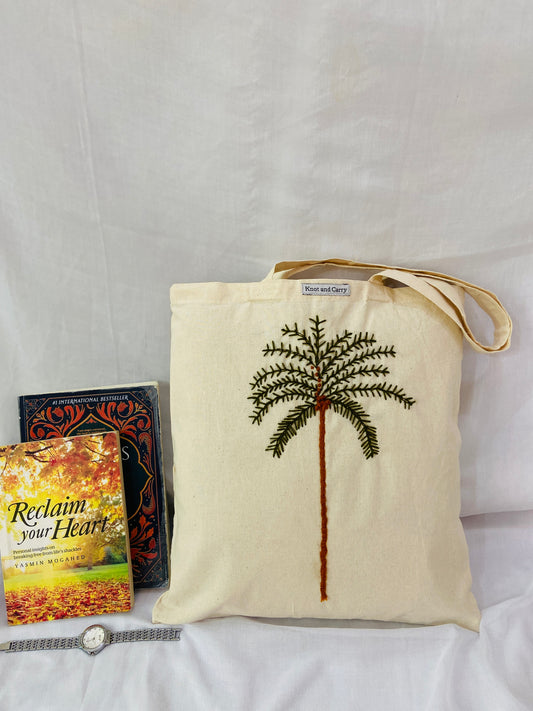 Embroided Date Tree Cotton Tote Bag