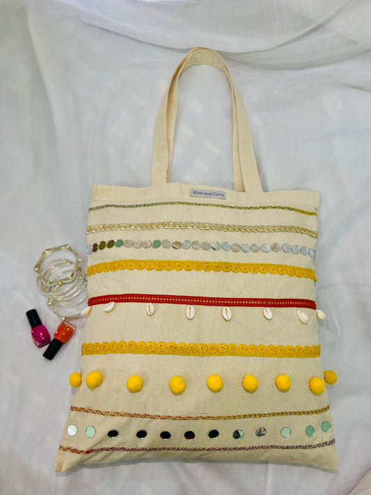 Embellished Gota Mirror Desi Cotton Tote Bag