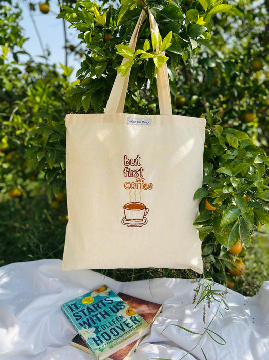 Embroided Coffee Cotton Tote Bag