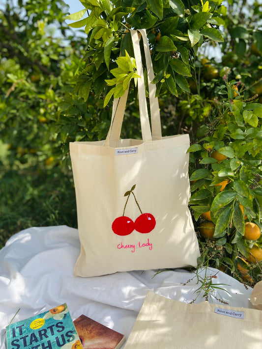 Embroided Cherry Lady Cotton Tote Bag