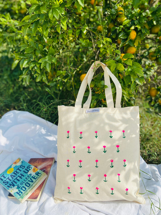 Embroided Tulip Cotton Tote Bag