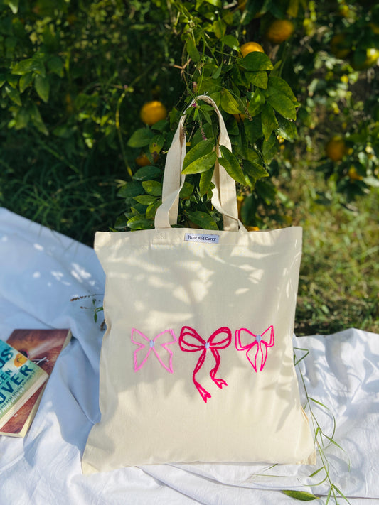 Embroided Pink Bow Cotton Tote Bag