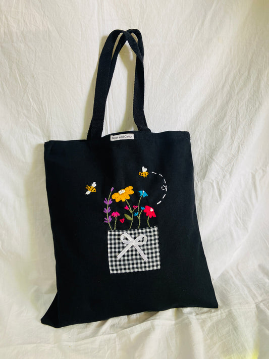 Black Embroided Canvas Tote Bags