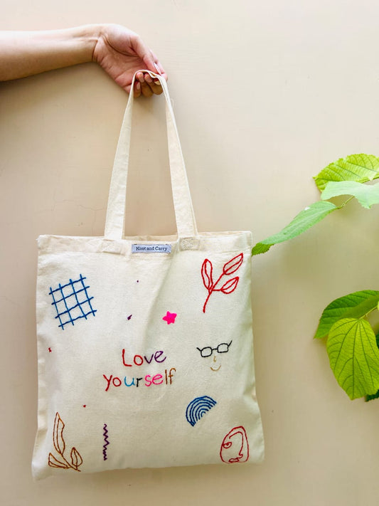 Embroidered Love yourself Cotton Tote Bag